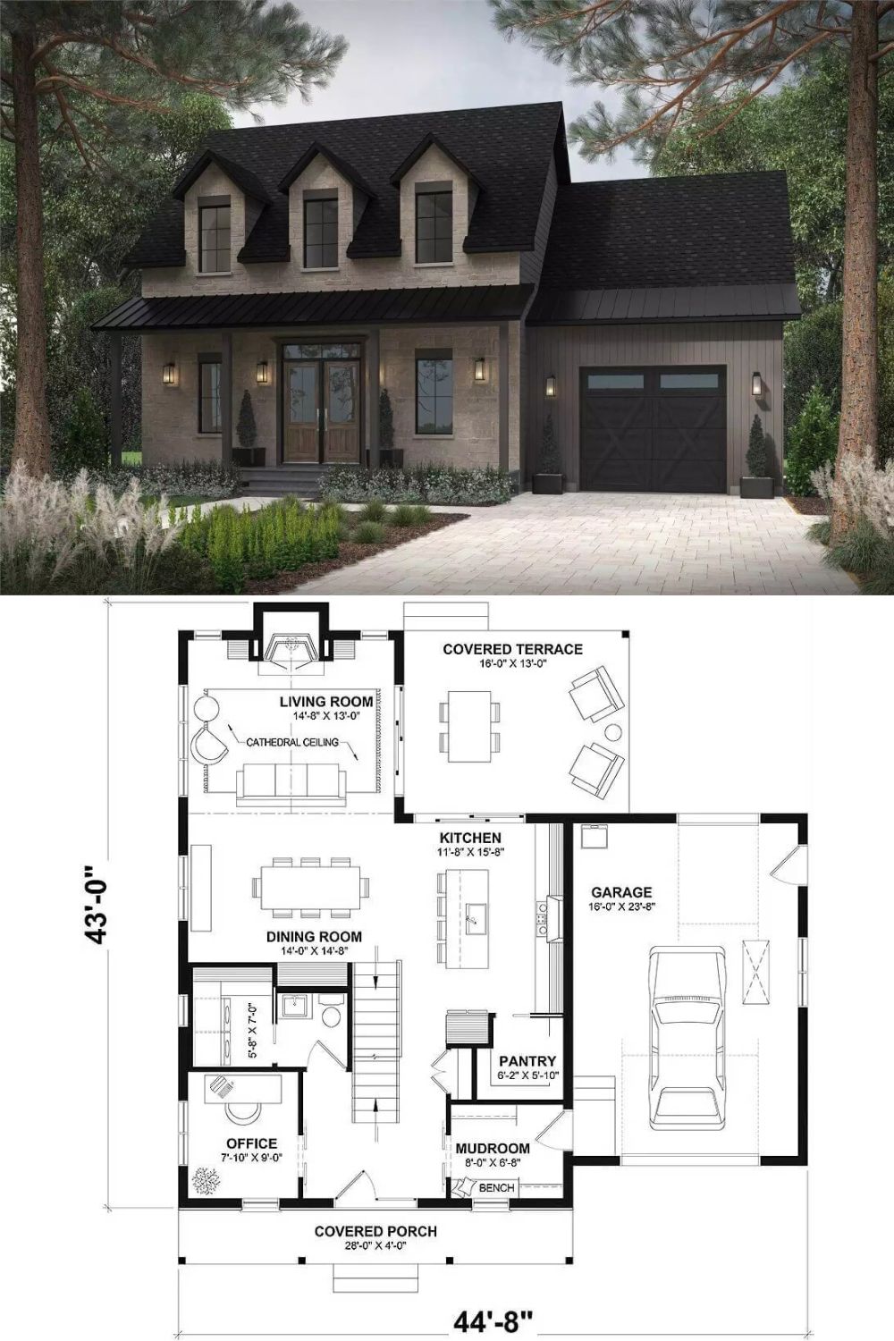 This cape cod-style home's façade combines the timeless charm of stone with dark accents for a striking curb appeal. Gabled dormers punctuate the roofline, bringing light into the upper level and adding vertical interest. A standing‐seam metal porch covering extends across the front entry, while the attached garage continues the same dark siding and metal roof elements.