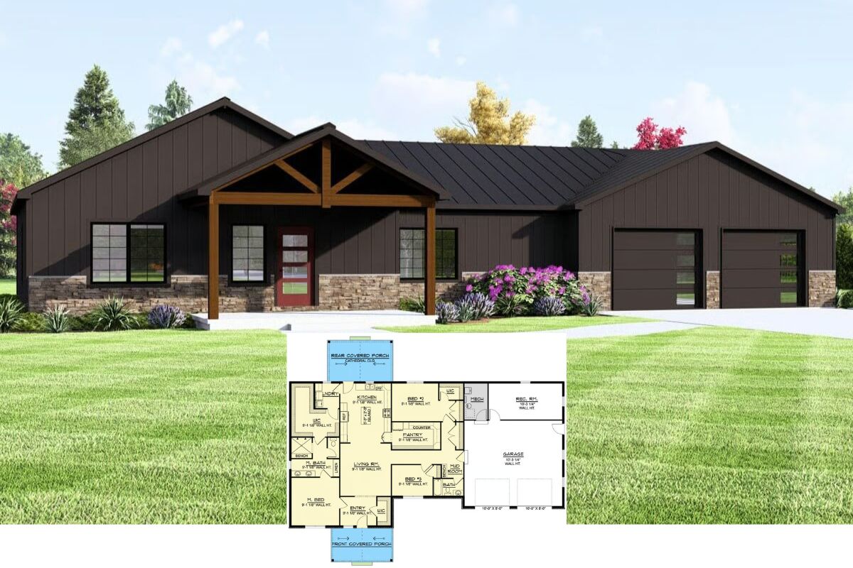 3-Bedroom Barndominium with Dual Porches and 2-Car Garage (Floor Plan)