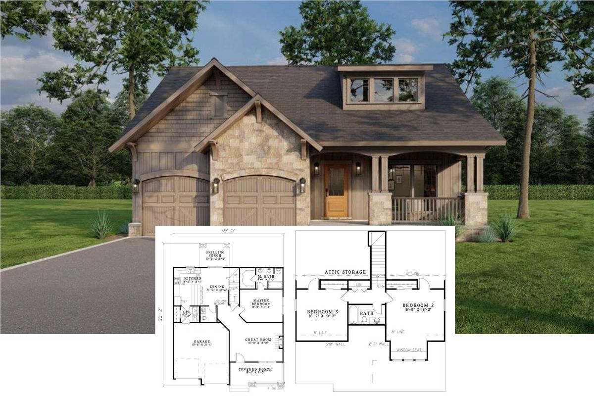 Cabin-Style 3-Bedroom Vacation Home with 2-Car Garage and Front Porch (Floor Plan)