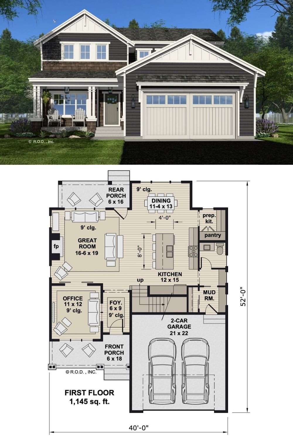 This craftsman-style home showcases a charming and timeless design with a combination of dark siding, wood accents, and white trim for a striking contrast. The inviting front porch, supported by classic columns, offers a cozy space for seating and relaxation. Above the two-car garage, symmetrical windows and gabled roofs enhance the home's curb appeal, blending traditional craftsmanship with modern comfort.