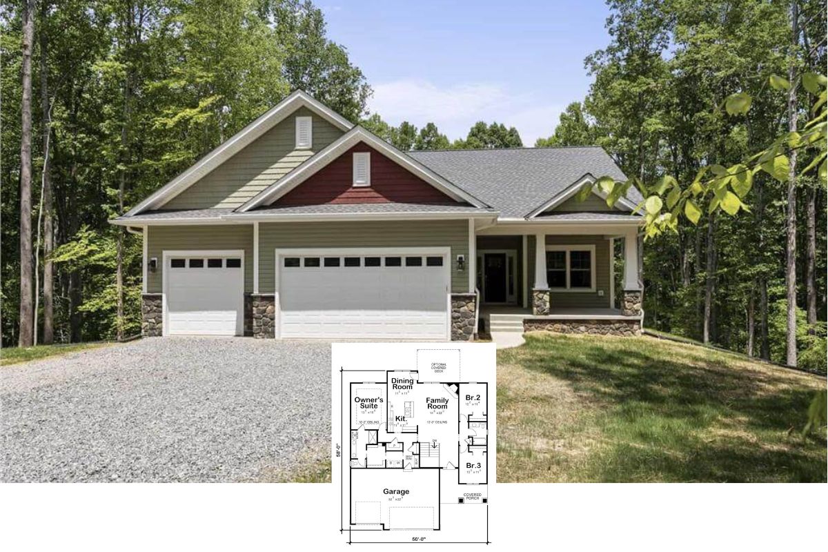 Cottage-Style 3-Bedroom Ranch with Front Porch and 3-Car Garage (Floor Plan)