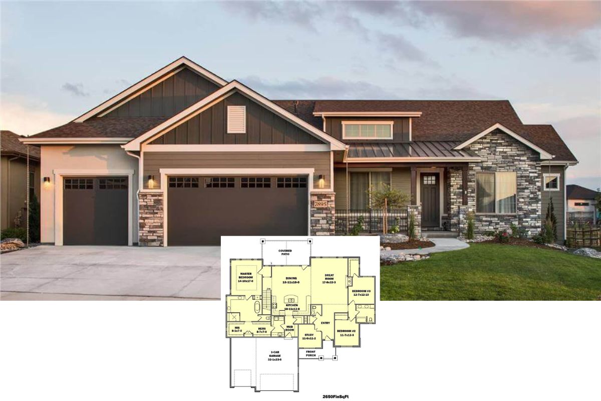 Craftsman-Style 3-Bedroom Home with Front Porch and Covered Patio (Floor Plan)