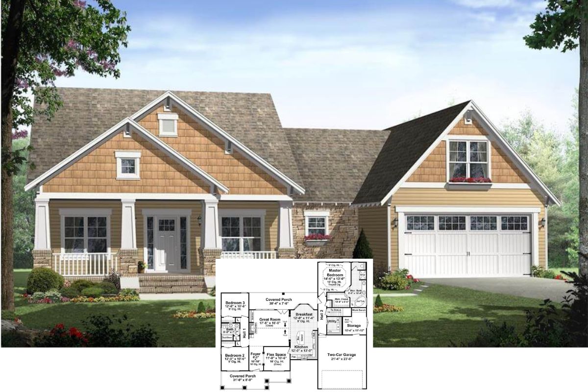 Craftsman-Style 3-Bedroom Ranch with Flex Space and Bonus Room (Floor Plan)