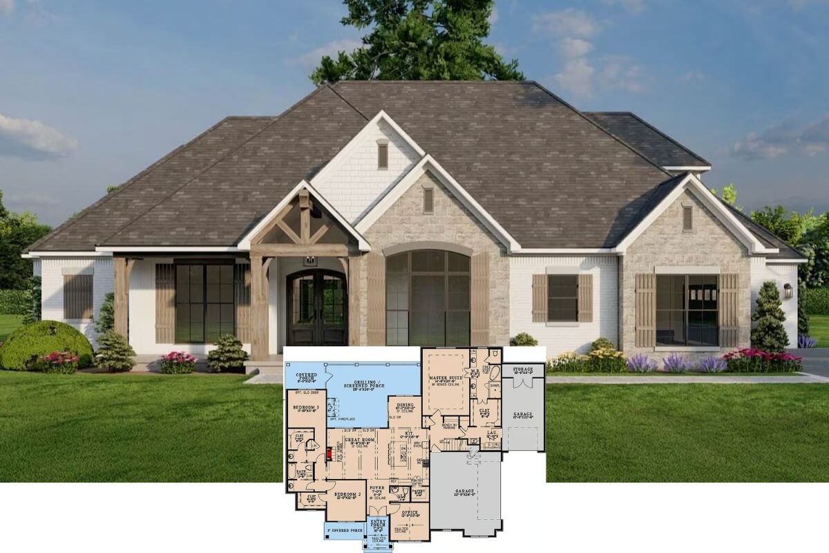 3-Bedroom French Country Home with Split Garage and Bonus Room (Floor Plan)