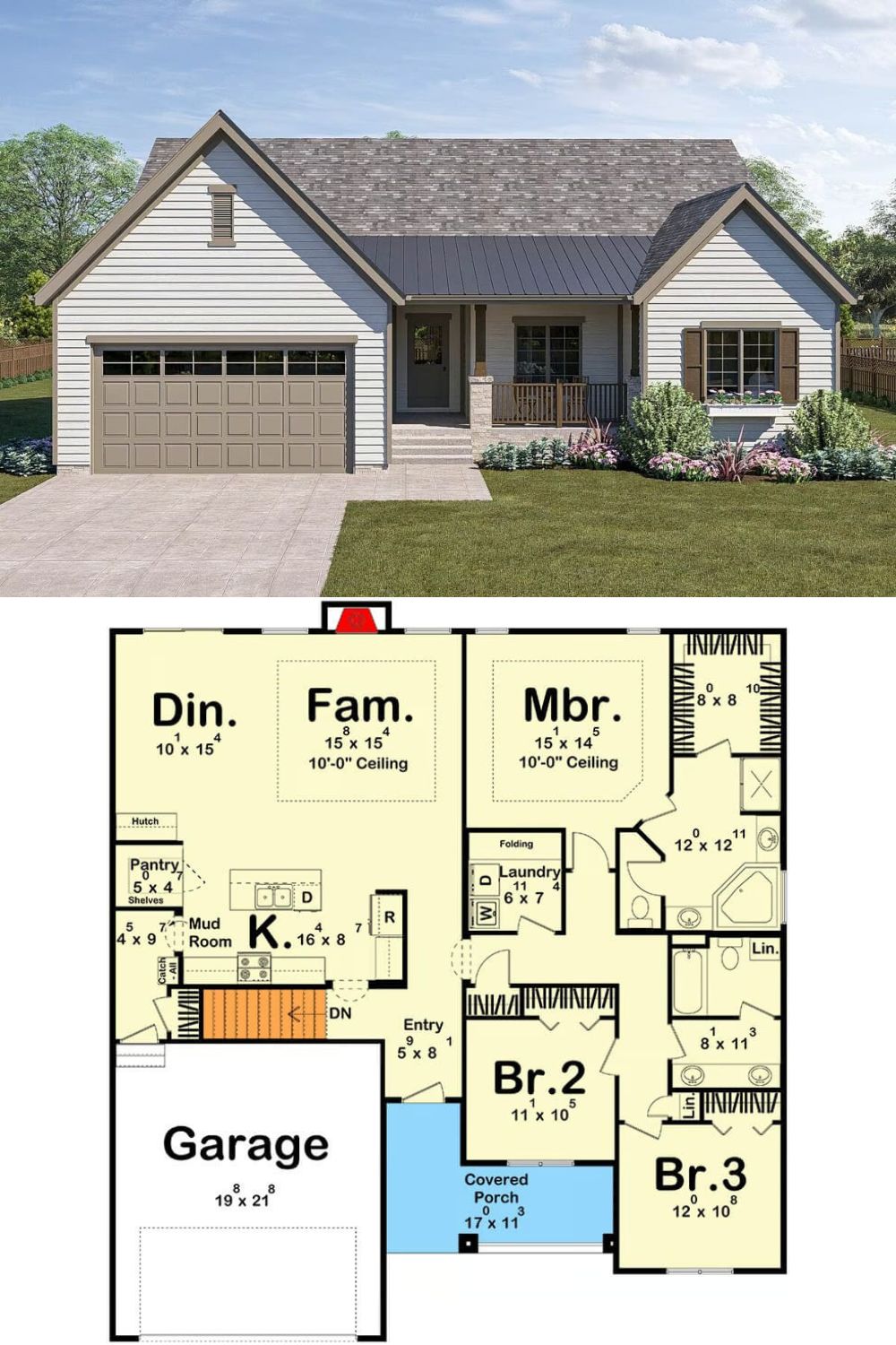 This ranch-style home features horizontal lap siding with neutral trim, a covered front porch with stone-based columns, and a two-car garage. The roof combines asphalt shingles with a sleek metal section over the porch, complemented by wooden shutters for added character.