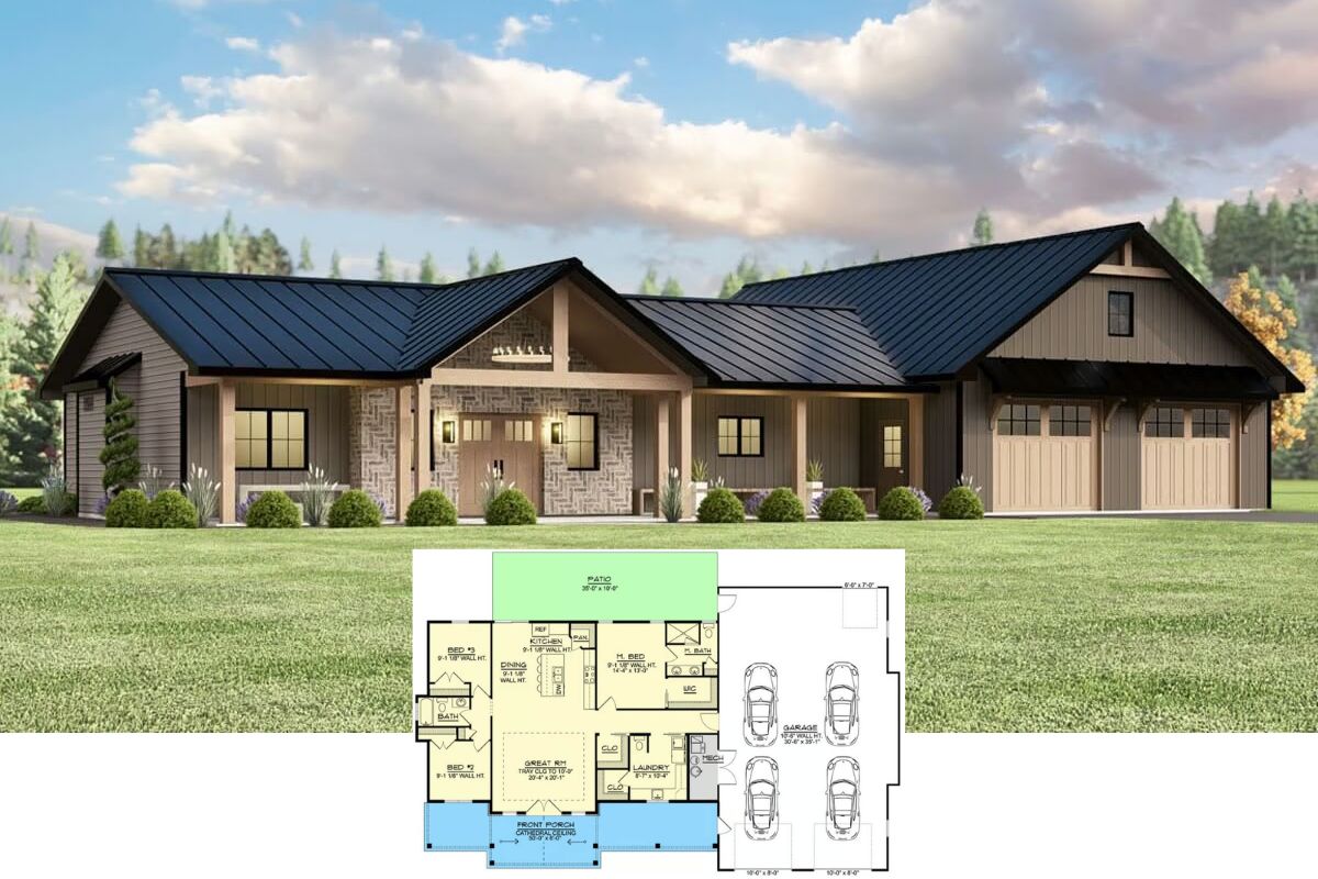 Rustic 3-Bedroom Mountain Home with Expansive Front Porch and 4-Car Garage (Floor Plan)