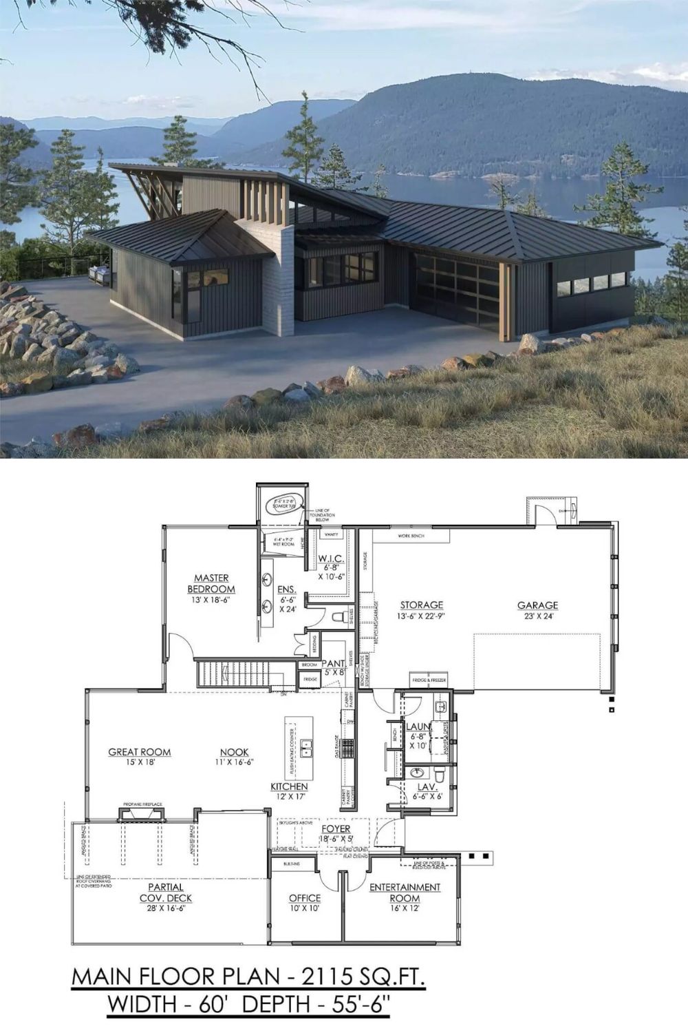 This mountain contemporary home features a sleek, modern design that blends seamlessly with its natural surroundings. The exterior showcases a mix of dark vertical siding and light stone accents, creating a bold contrast. Large windows and glass garage doors maximize natural light and take full advantage of scenic views.