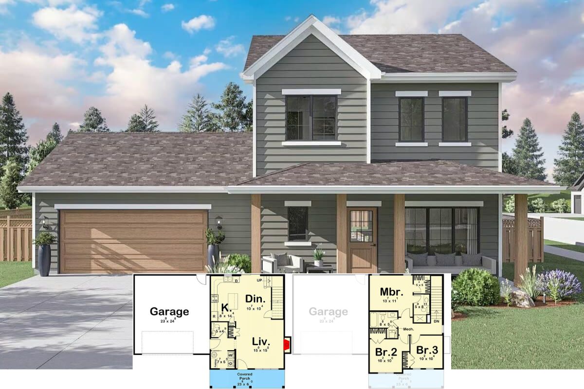 3-Bedroom Traditional Home with Covered Front Porch and Open-Concept Living (Floor Plan)