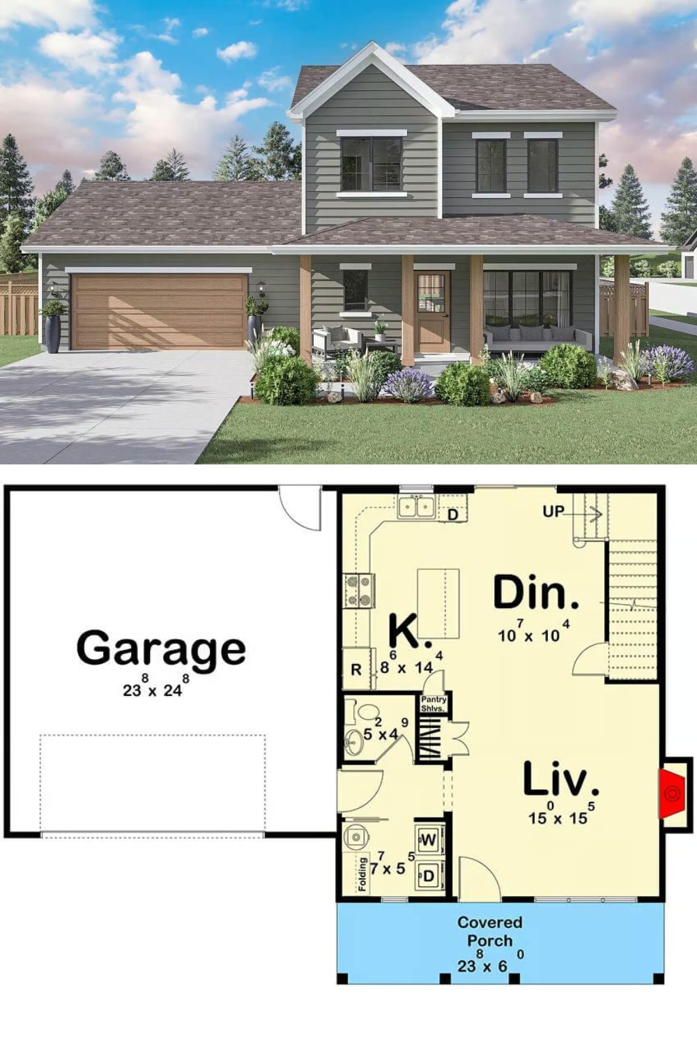 A covered front porch spans this traditional home’s façade, supported by timber pillars that complement the horizontal siding. The siding features a tasteful, muted color tone, paired with contrasting trim around the windows and gables for an updated classic look. The attached two‐car garage sits to one side, balancing the overall design with a clean, functional curb appeal.