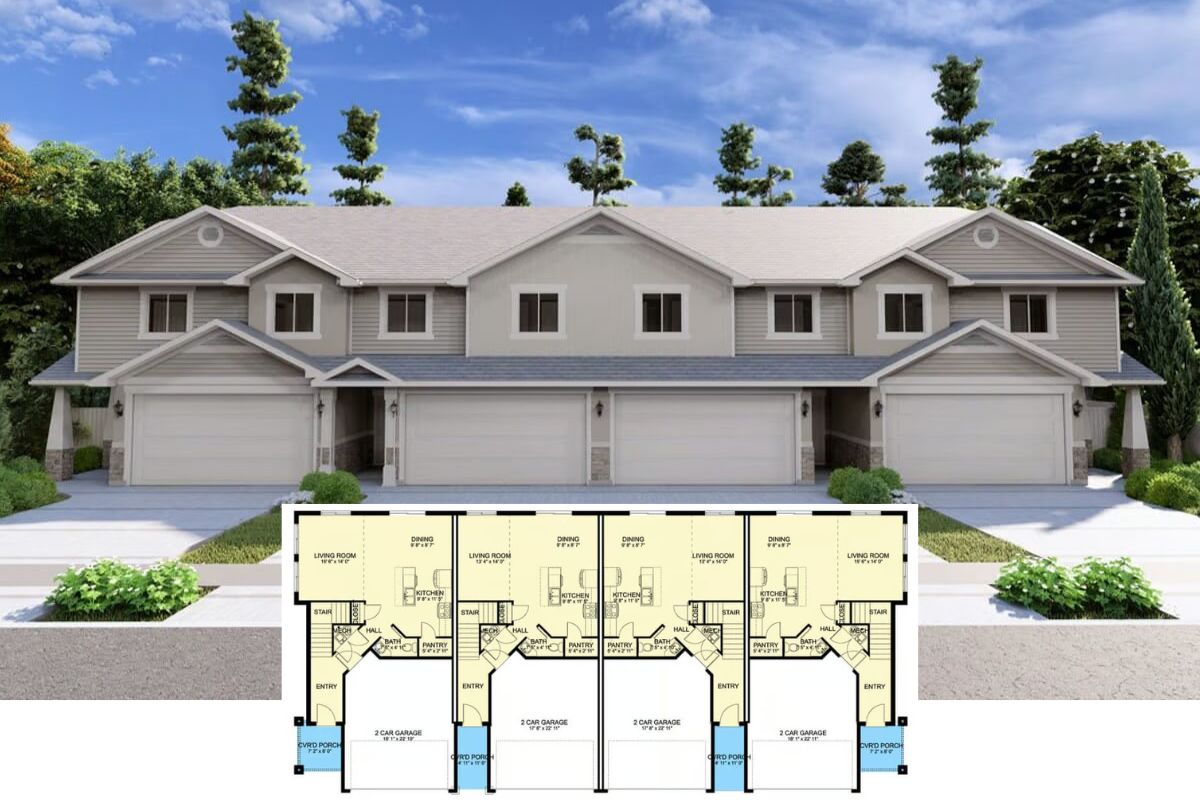 Traditional-Style Multiplex Home with Four 3-Bed Units and Double Garage (Floor Plan)