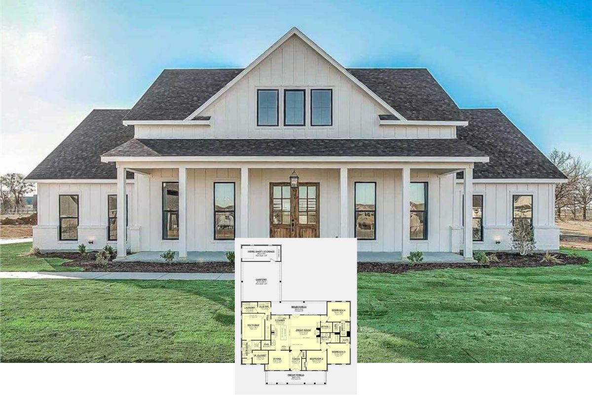 Contemporary 4-Bedroom Farmhouse with Bonus Room and Dual Porches (Floor Plan)