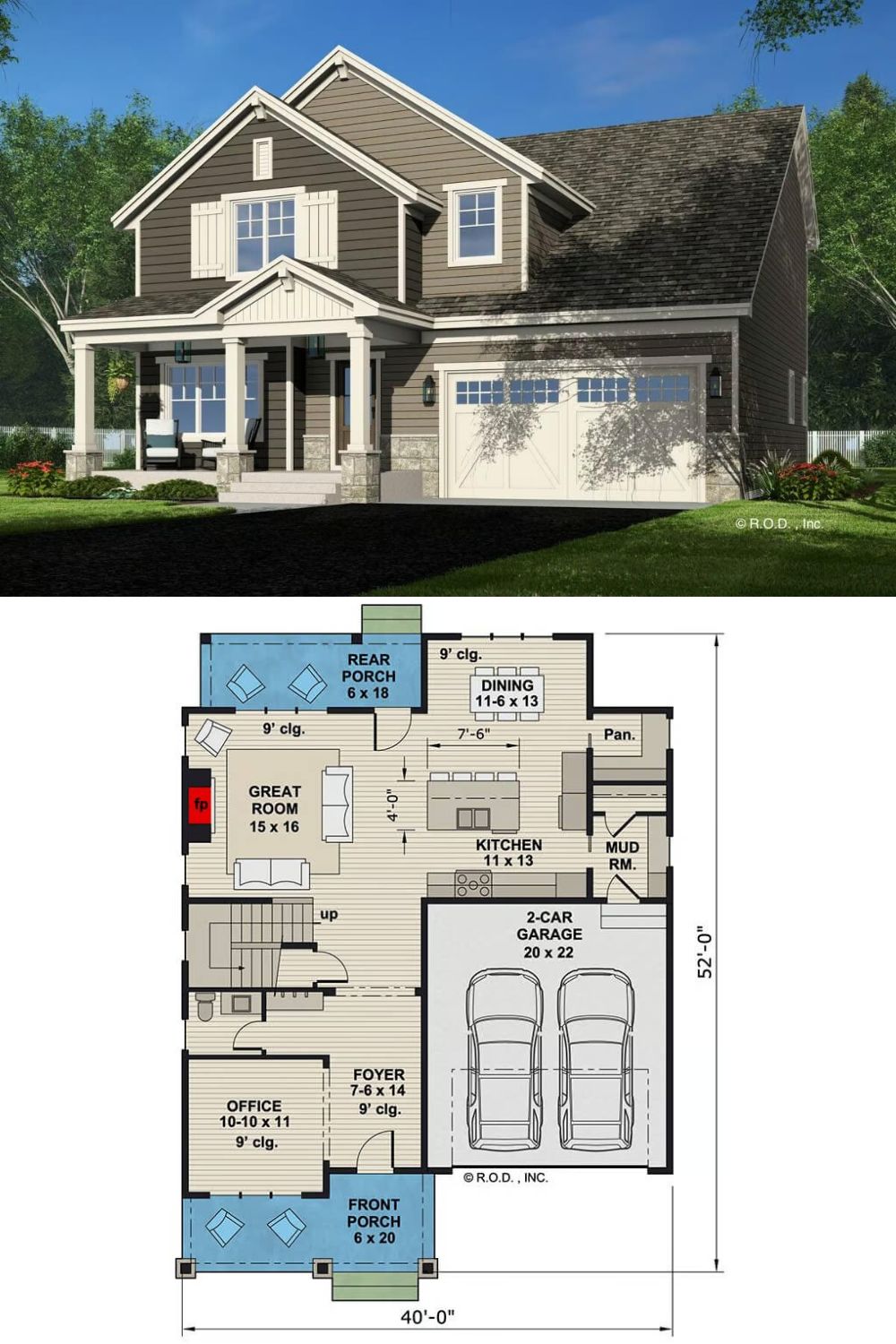 This 4-bedroom craftsman home features horizontal and vertical siding, complemented by decorative trim in the gables for an eye‐catching contrast. A welcoming covered porch spans the front, supported by stone base columns. Carriage‐style garage doors match the overall design, and large windows invite generous natural light indoors.