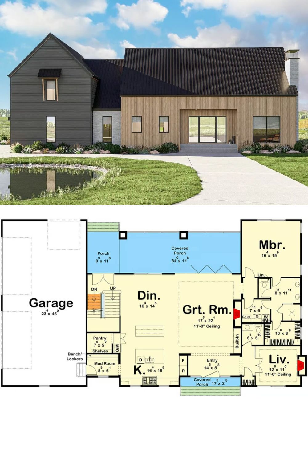 Clean lines, dramatic roof pitches, and contrasting siding materials give this Scandinavian home a sleek yet welcoming presence. The main volume showcases vertical wood cladding and a standing‐seam metal roof, punctuated by large windows that bring ample natural light inside. A secondary wing features darker horizontal siding, adding visual interest and a sense of layering.