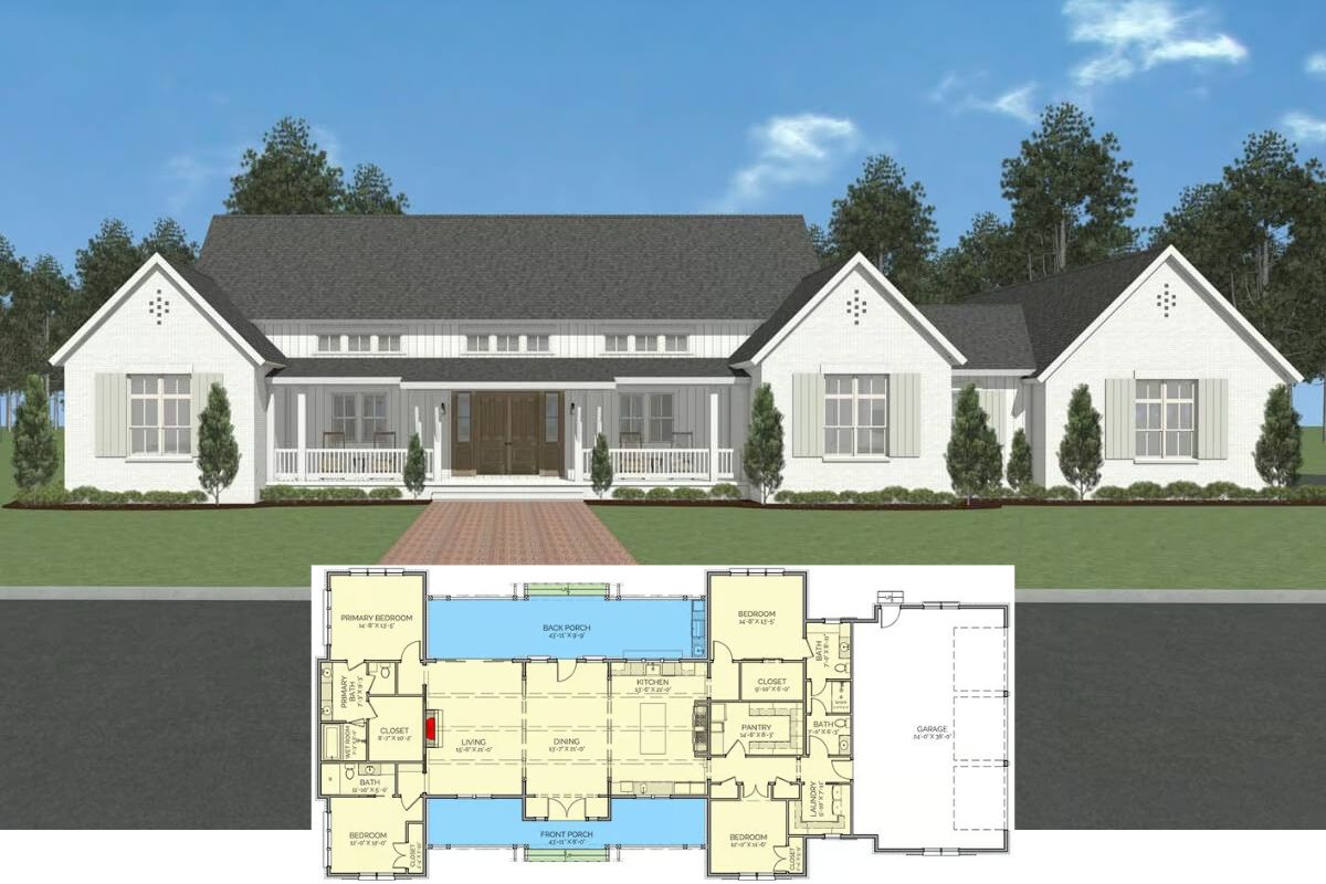 Southern 4-Bedroom Country Home for a Wide Lot with 3-Car Garage (Floor Plan)