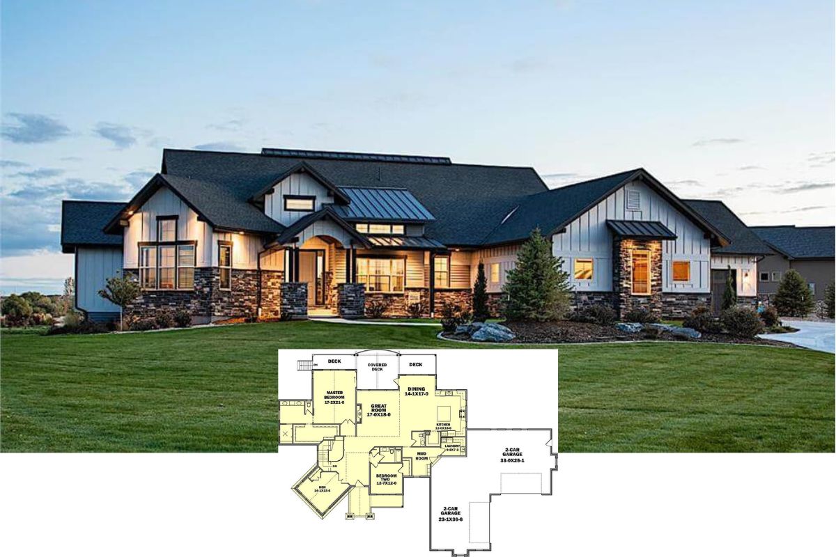 5-Bedroom Contemporary Ranch with 4-Car Garage and Walkout Basement (Floor Plan)