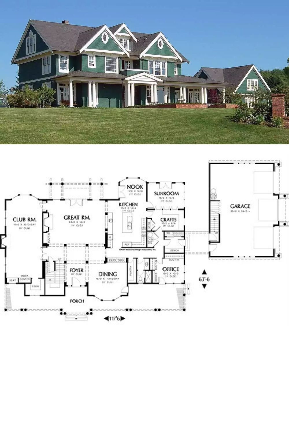 This traditional-style home features a green exterior with white trim and gable roofs. Large windows and dormers enhance natural light, while an expansive front porch extends the living space outdoors. The detached garage is connected to the main house by a breezeway and comes with an in-law suite complete with two bedrooms, a kitchenette, living/dining space, and a private deck.