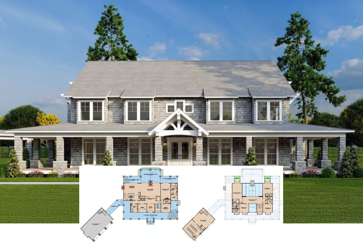 Shingle-Style 6-Bedroom Home with Grand Balcony and Wraparound Porch (Floor Plan)