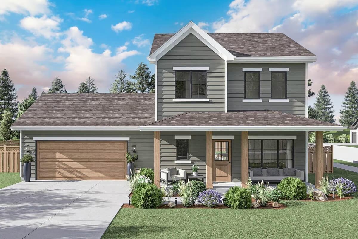 3-Bedroom Traditional Home with Covered Front Porch and Open-Concept Living (Floor Plan)