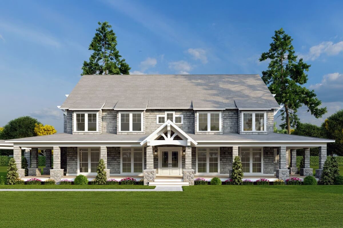 Shingle-Style 6-Bedroom Home with Grand Balcony and Wraparound Porch (Floor Plan)