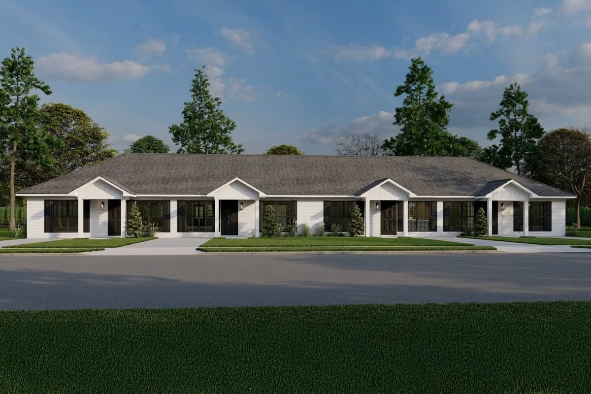 Traditional-Style Four-Plex Home with Front Porch and 2-Bed Units (Floor Plan)