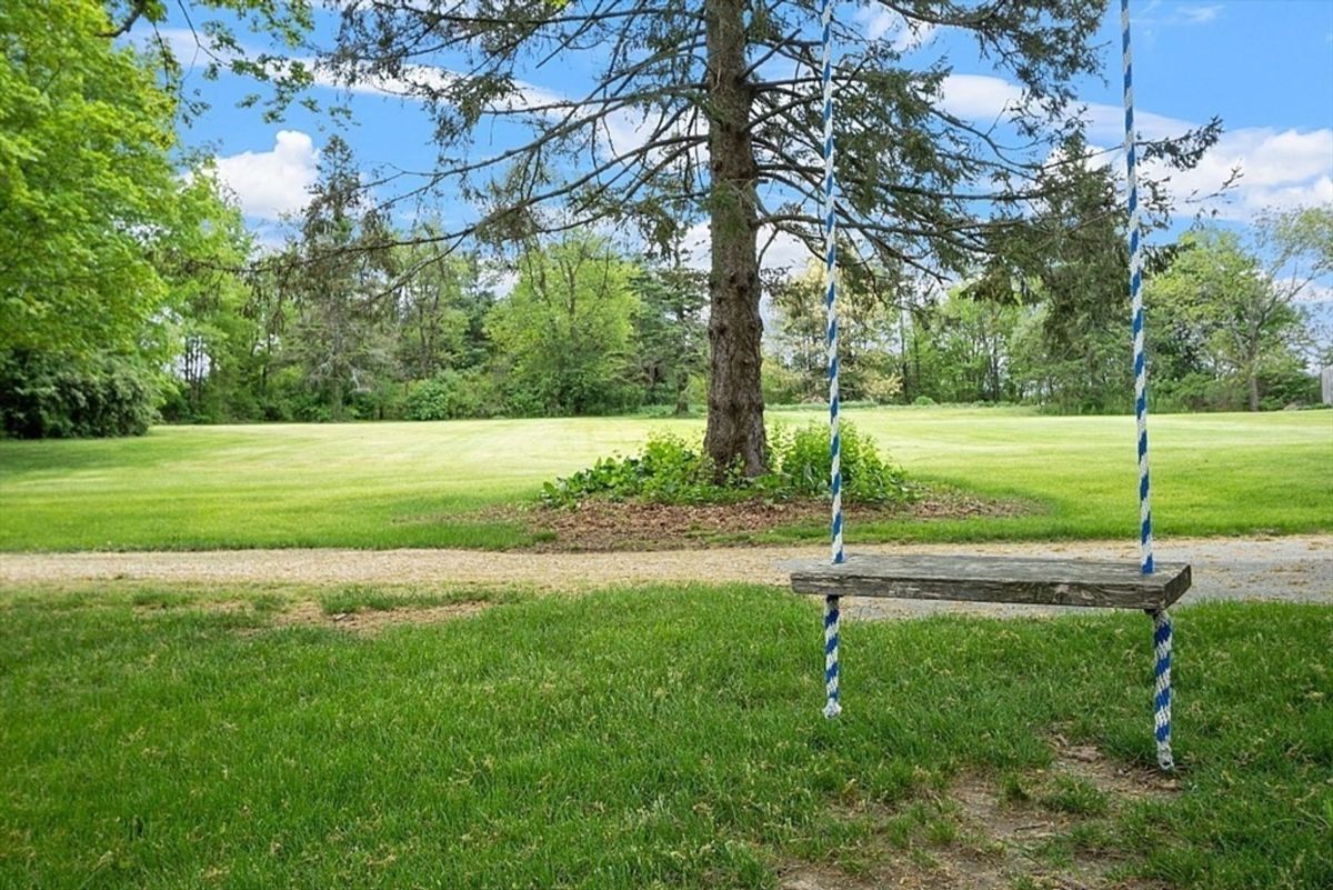 Swing set beneath a large tree, overlooking the fields.