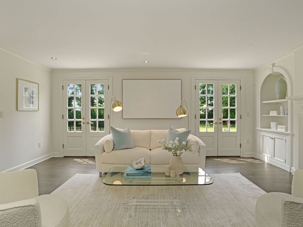 Living room with sofa and French doors.