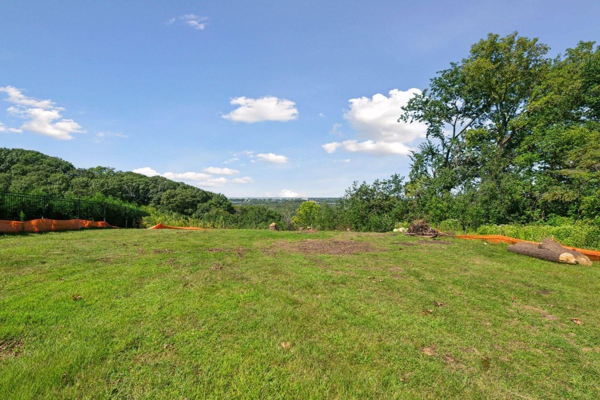 An open green field overlooks a scenic vista framed by lush trees and a distant horizon.