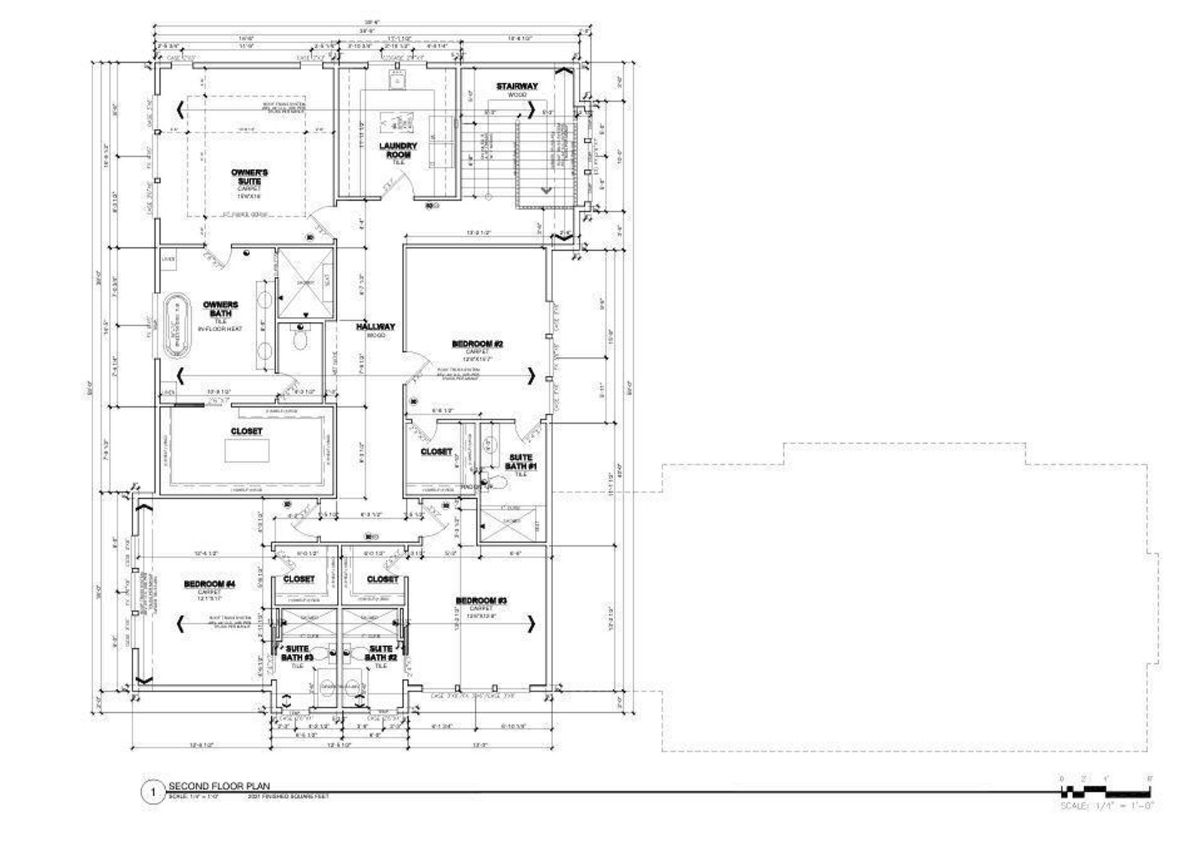 A detailed floor plan showcasing the second floor layout, including bedrooms, bathrooms, closets, and a laundry room.