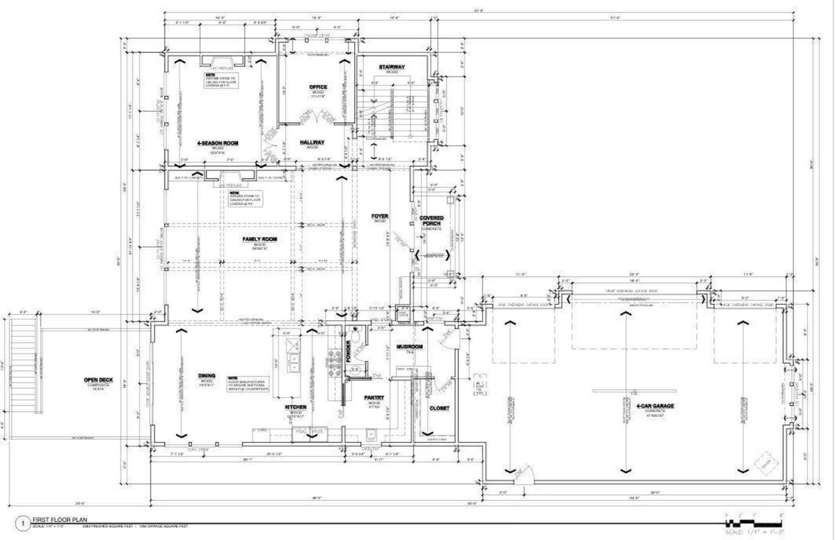 First-floor plan with family room, kitchen, dining, office, mudroom, pantry, deck, and four-car garage.