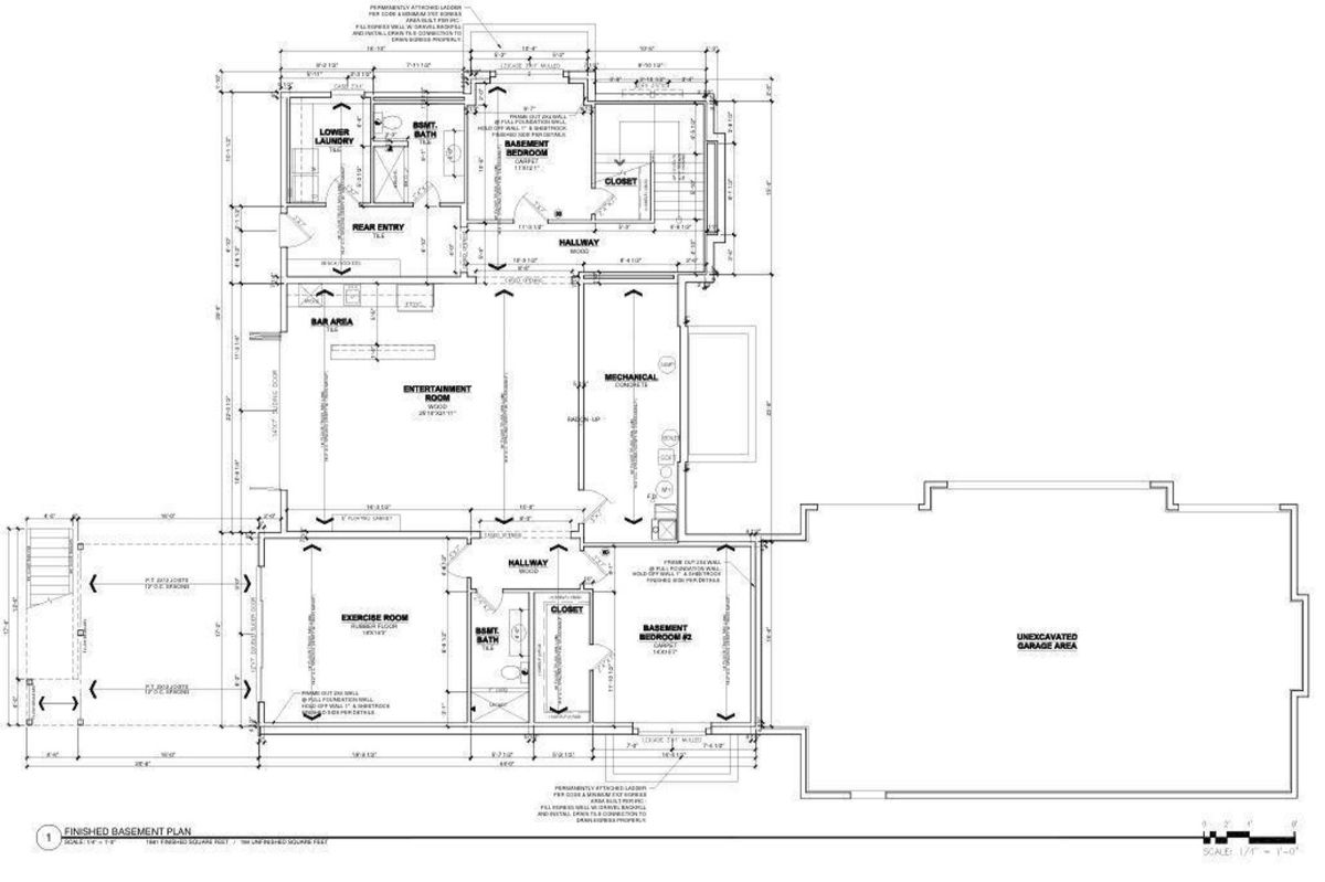 Finished basement plan with two bedrooms, entertainment room, bar area, exercise room, and laundry.