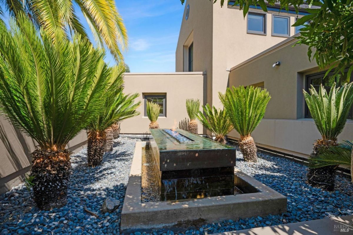 A serene water feature surrounded by palm plants creates a tranquil courtyard oasis.