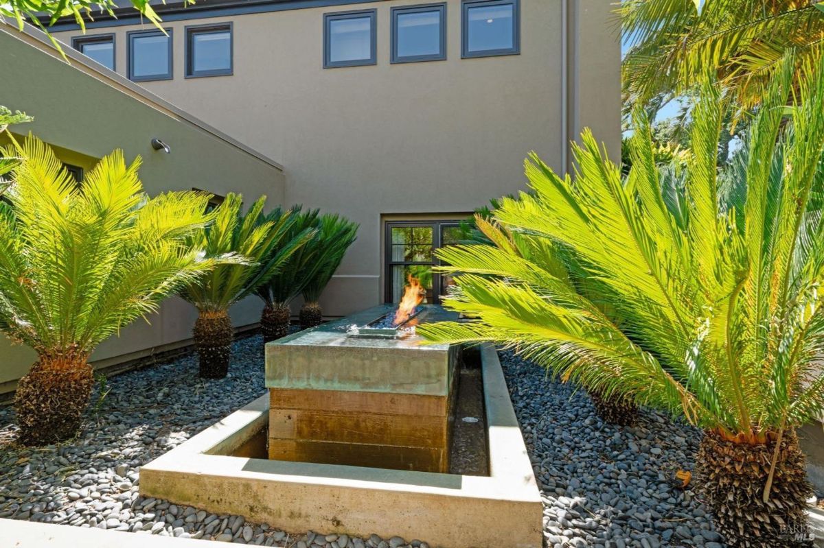 Sleek fire and water feature sits elegantly among lush palm landscaping.