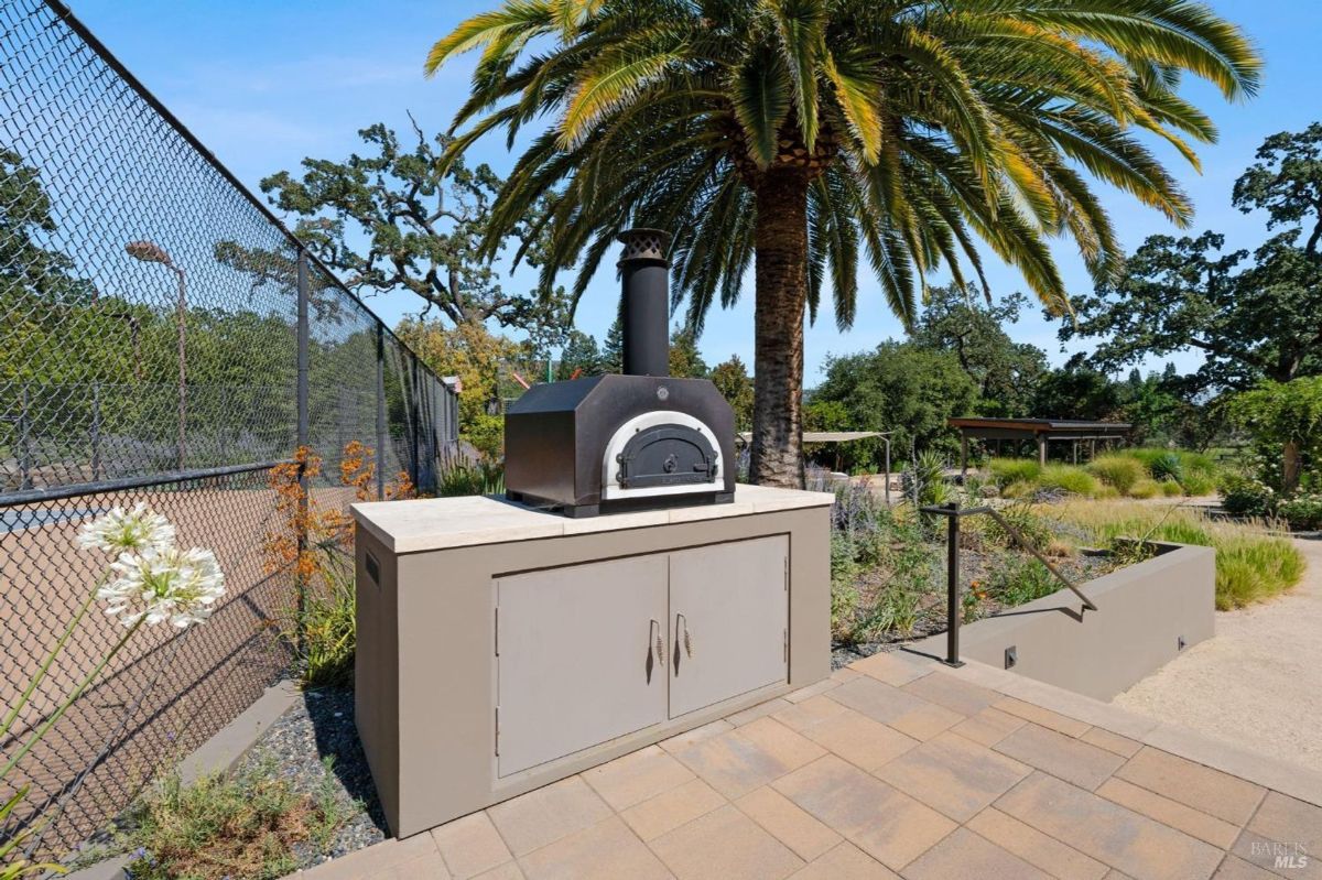 Wod-fired oven rests under a lush palm tree, perfect for outdoor cooking near the tennis court.