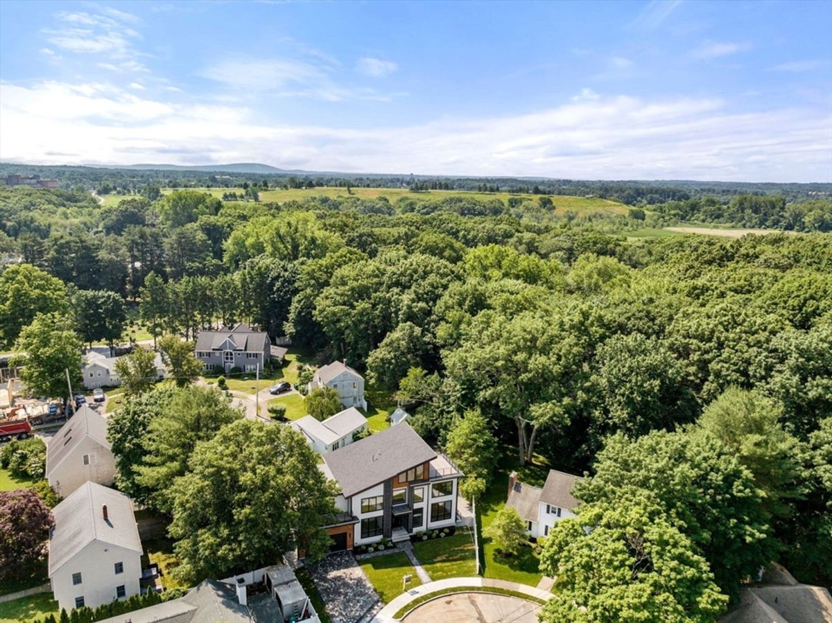 Bird's-eye view highlights a serene neighborhood bordered by expansive greenery and rolling landscapes.