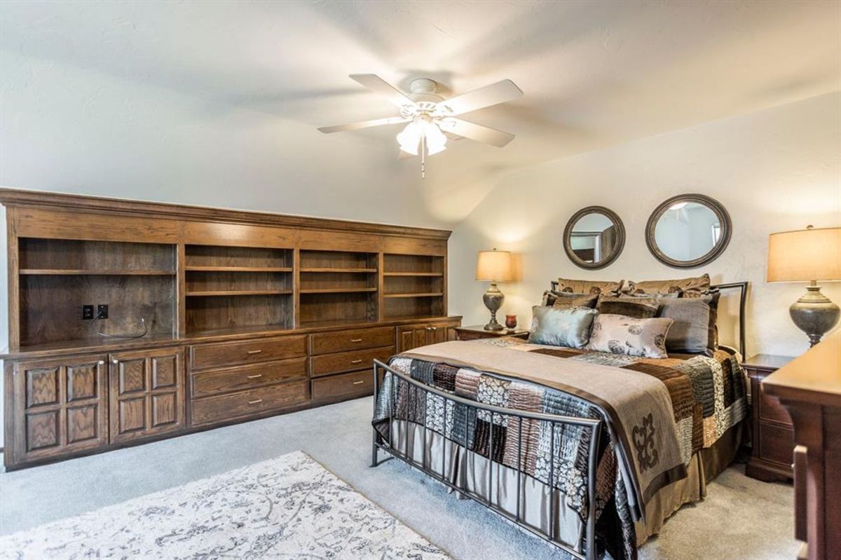 Bedroom with patterned bedding