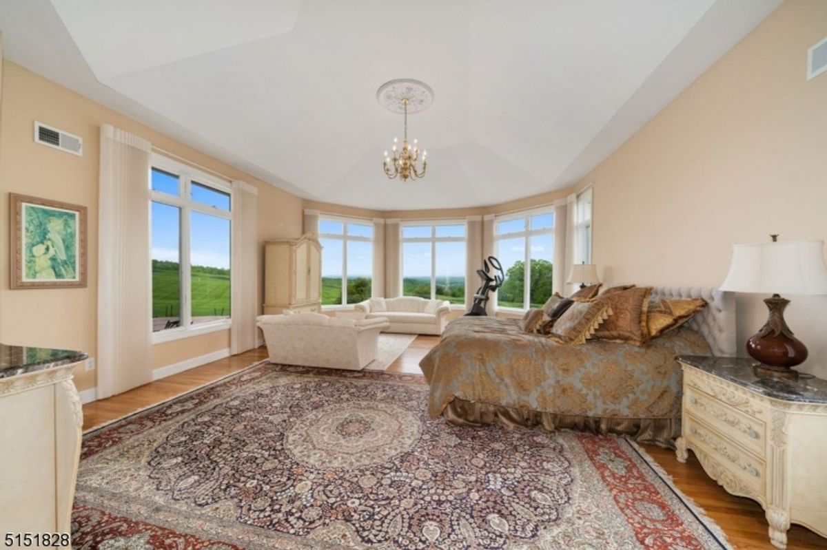 Master bedroom designed with vaulted ceilings, a seating area, and serene landscape views.