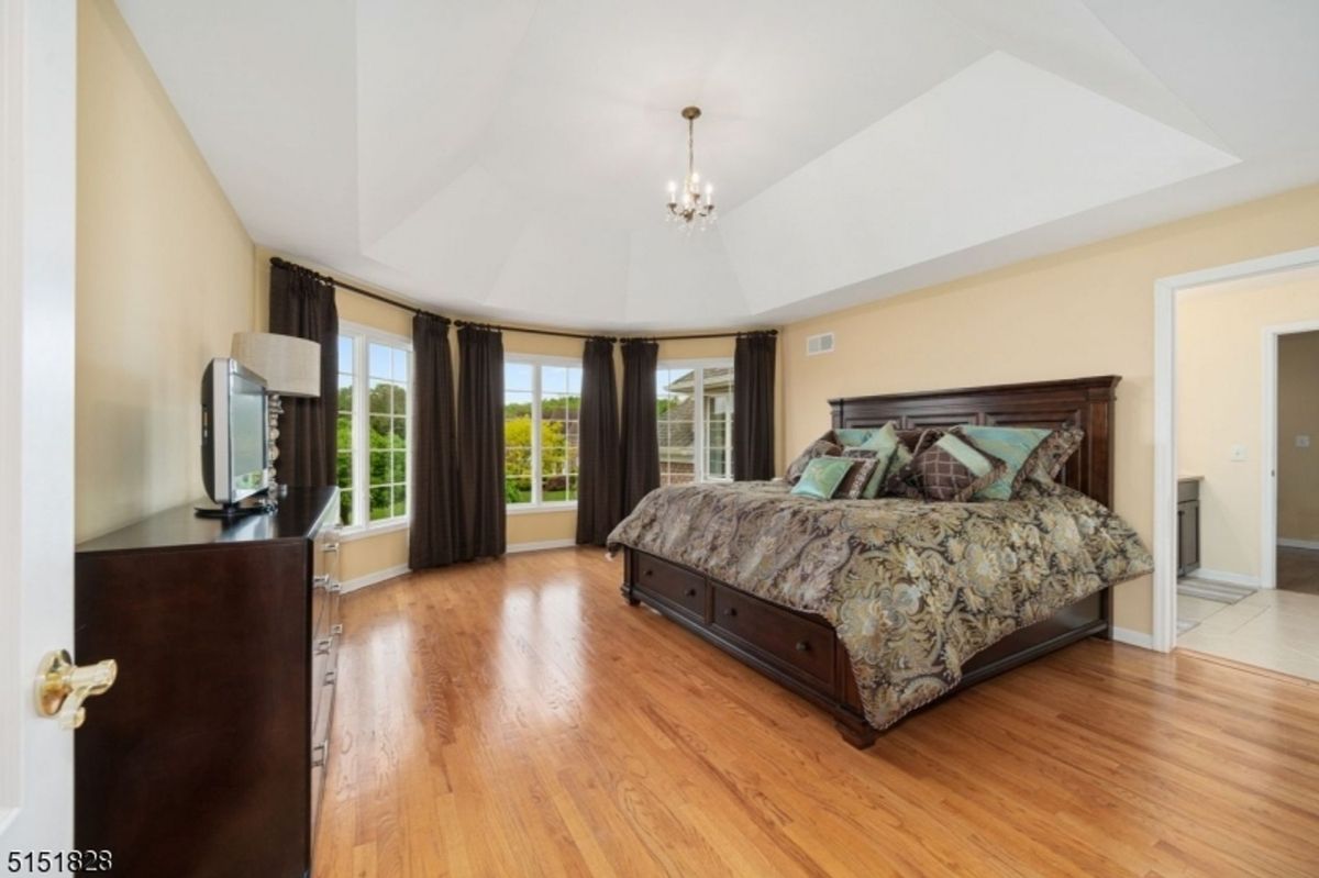 Spacious bedroom with a tray ceiling and large windows.