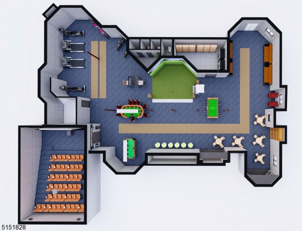 Rendered floor plan featuring a gym, theater, game area, and multiple seating spaces.