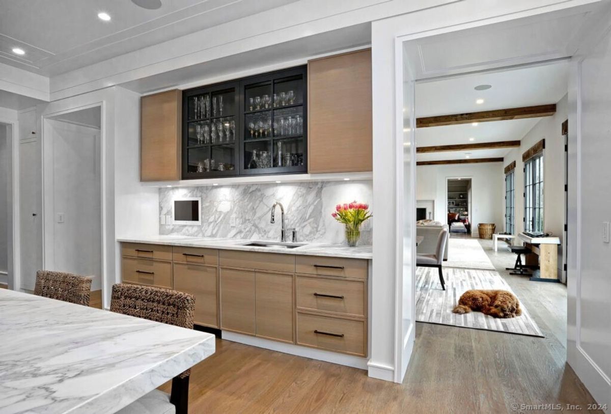 Elegant kitchen design showcases a wet bar, marble backsplash, and a glimpse of a dog resting nearby.