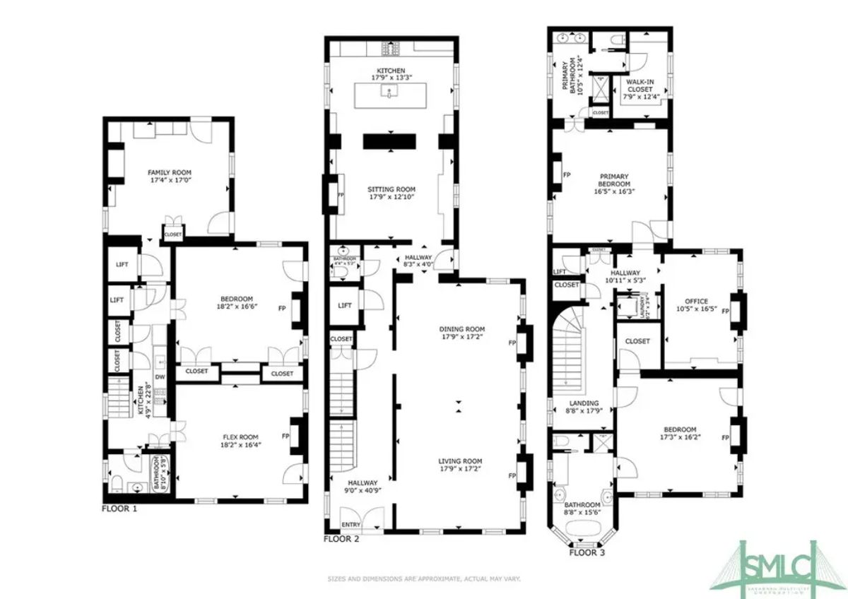 Floor one includes a spacious bedroom, a family room, a flex room, and a kitchen with adjoining bath and storage areas.