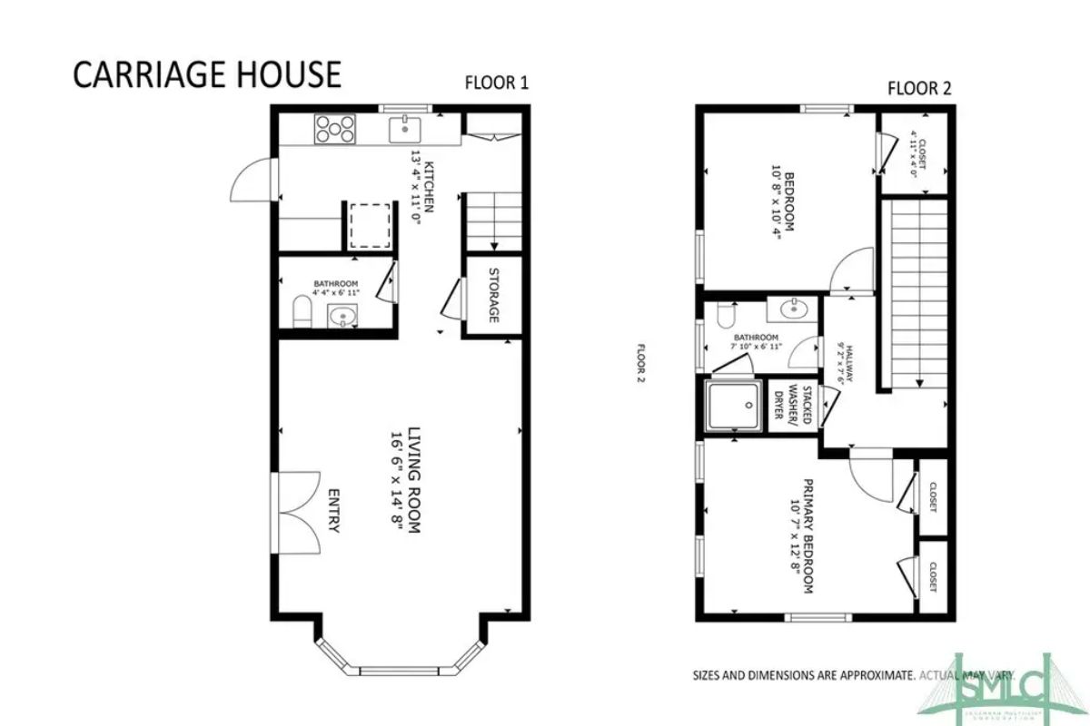 Floor one includes a spacious living room, kitchen, bathroom, and a storage area.