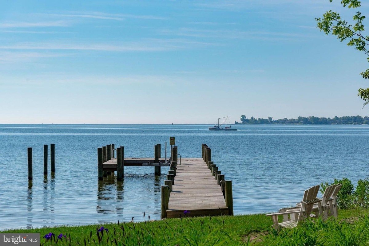 Wooden dock extends into calm water, with a boat visible in the distance and lush greenery nearby.