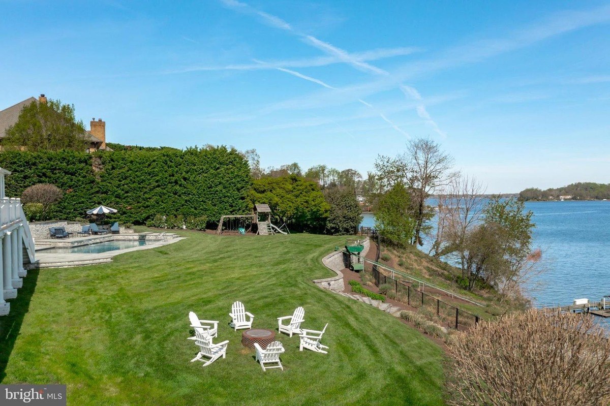 Backyard has a pool, playset, fire pit, and water view.