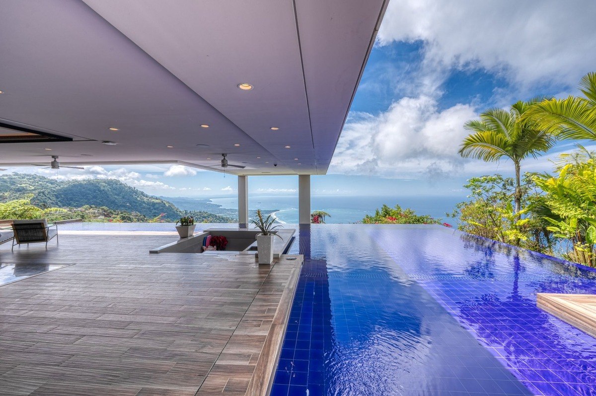 Infinity pool has ocean view and tropical landscaping.