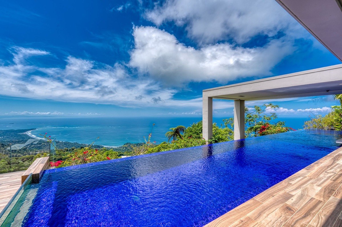 Infinity pool has ocean view and tropical landscaping.