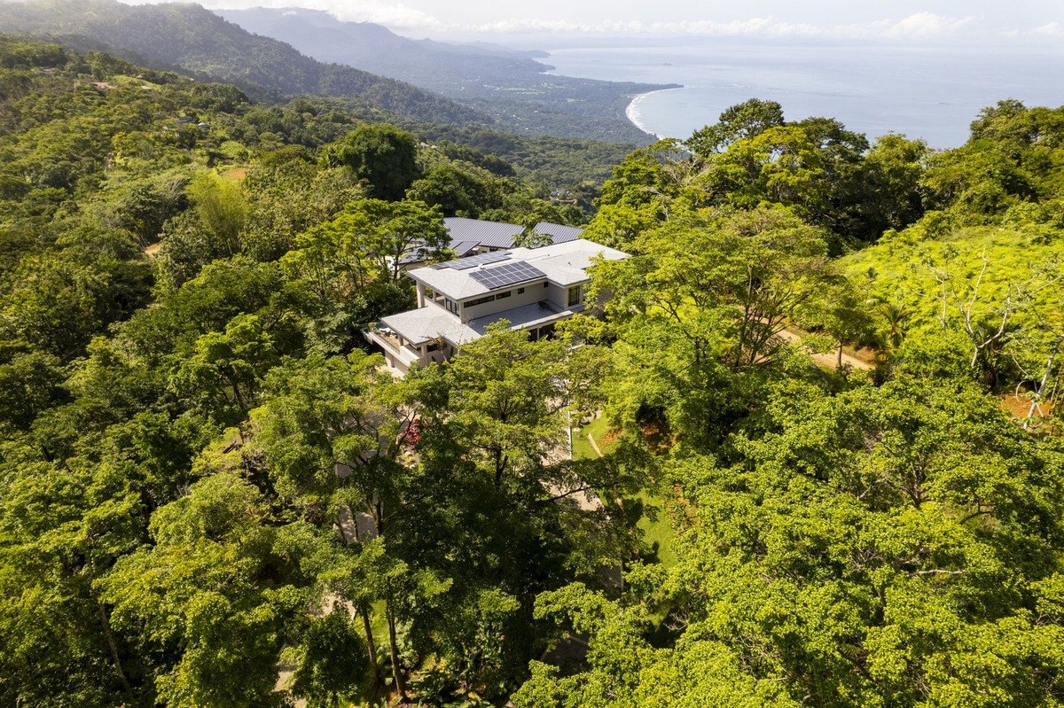 House has ocean view and is surrounded by trees.