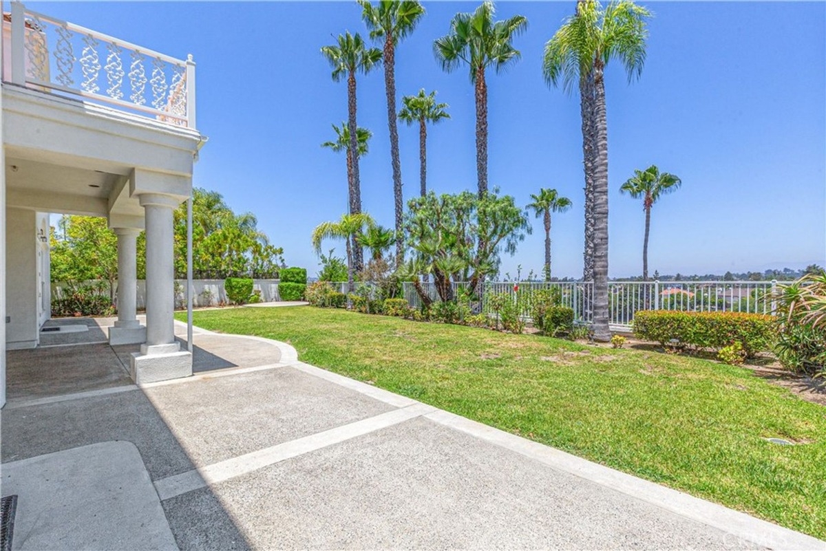 Backyard includes a patio area, lush greenery, and a palm tree-lined view.