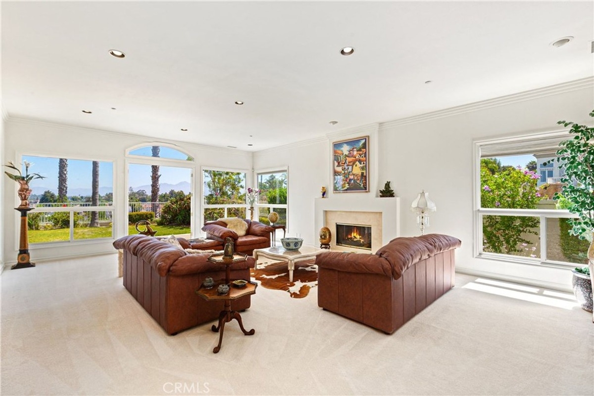 Living room with leather sofas, a fireplace, and expansive windows overlooking a garden.