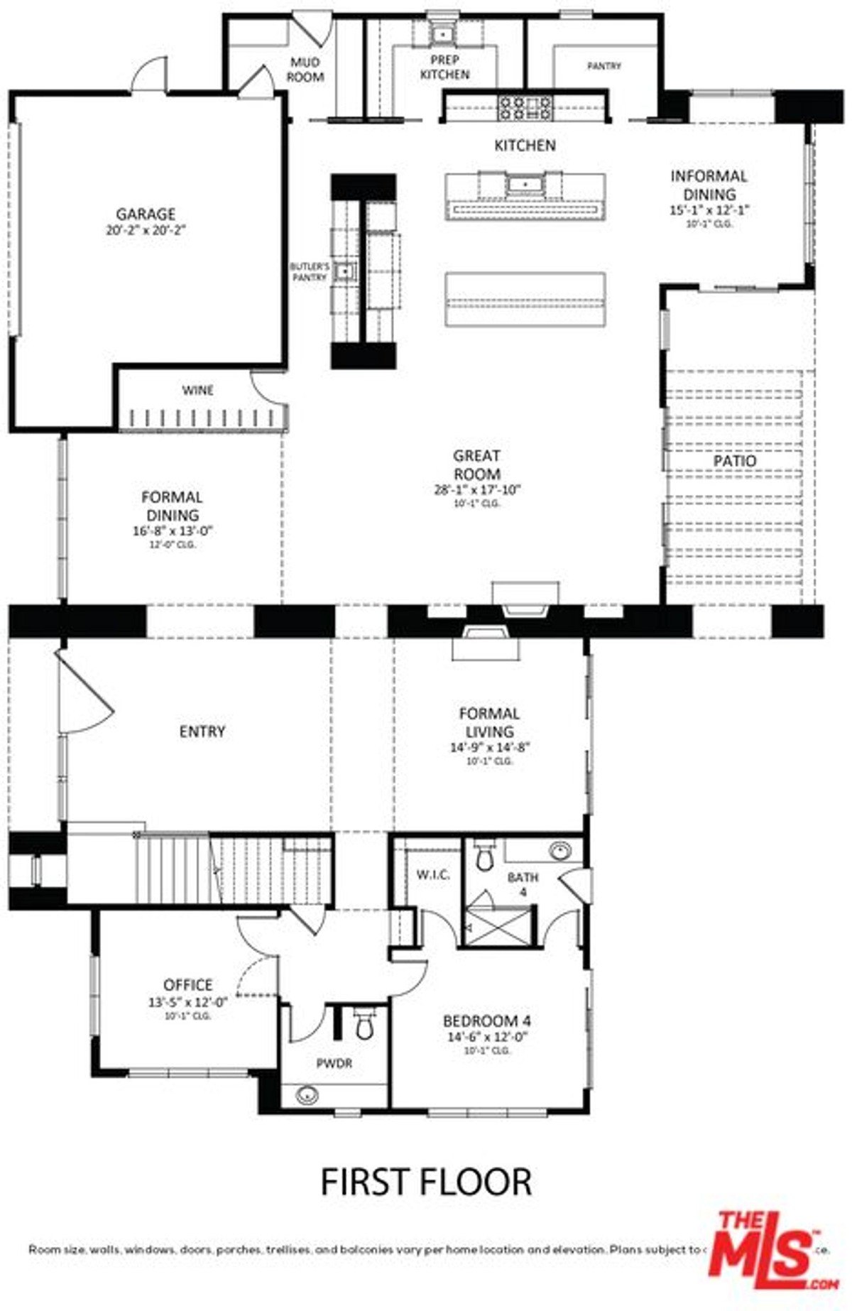 Floor plan of the first level showcases spacious living areas, including the great room, formal dining, and home office.