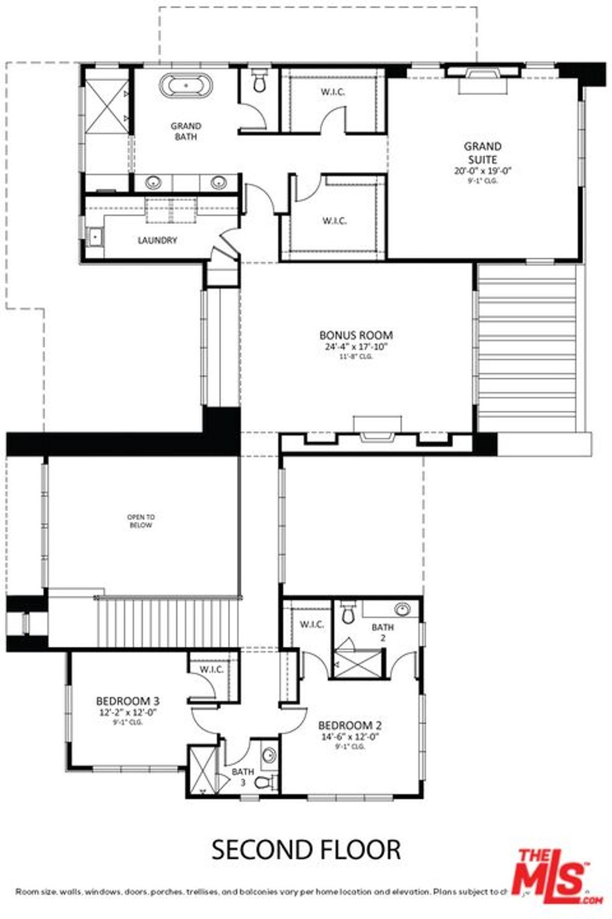 Second-floor blueprint reveals bedrooms, a grand suite, and a bonus room with detailed room dimensions.